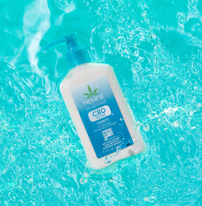Hempz CBD Thirsty Hydrating Facial Moisturizer SPF 30 floating in water